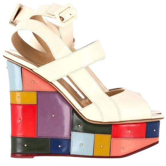 $1366 *RARE* CHARLOTTE OLYMPIA Mosaic Platform Wedge Colorblock Sandals SZ 8 EUC - Picture 1 of 8
